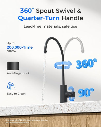 Waterdrop G2FCT-BLK Drinking Water Faucet, NSF/ANSI 372 Certified, Black | RO Water Filter Faucet for Kitchen Bar Sink, Lead-Free, 304 Stainless Steel, Single Handle, 360° Swivel Spout