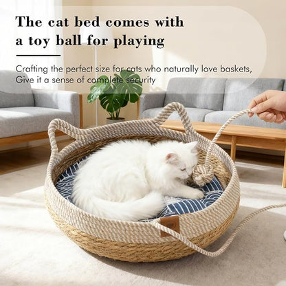Natural Cat Bed Straw Nest Woven Pet House Handmade Braided Cute Cats Ears Cattail Leaf with Soft Cushion and Toy Ball 18 x 18 Inches
