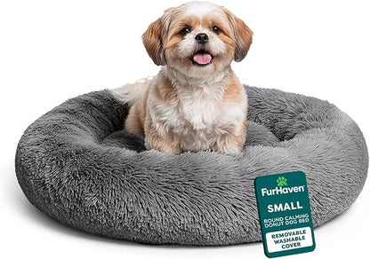 Furhaven 23" Round Calming Donut Dog Bed for Indoor Cats & Small Dogs, Washable, For Dogs Up to 20 lbs - Shaggy Plush Long Faux Fur Donut Bed - Gray, Small, 23.0"L x 23.0"W x 9.0"Th