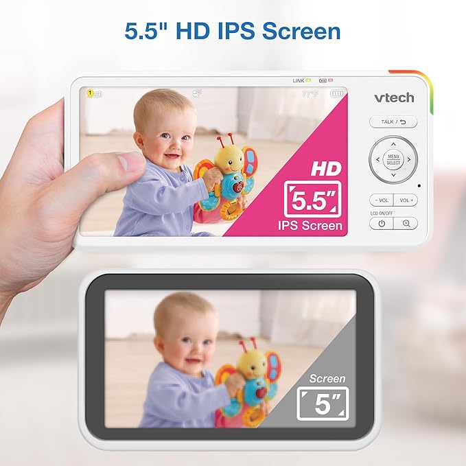 VTech Advanced HD Twin Baby Monitor – 2 Cameras, 5.5" IPS Screen, Pan-Tilt-Zoom, No WiFi, Night Vision, 2-Way Talk, Lullabies, Soothing Sounds