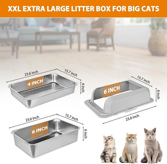 Homegroove Stainless Steel Sifting Litter Box for Pine Pellets, 23.6''Lx15.7''Wx12''H Cat Litter Box with Lid for Indoor Cats Metal Pellet Sifter Litter Pan with Plastic Scoop &10 Urine Pads (6 Inch)