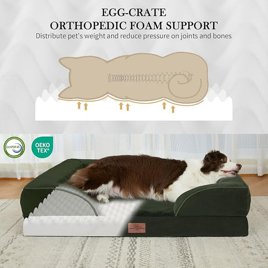 Comfort Expression Orthopedic Dog Bed for Extra Large Dogs 42x30 Inch, Waterproof Egg Crate Foam XL Pet Bed with Removable Bolsters, Dog Couch with Washable Cover & Non-Slip Bottom, Olive Green