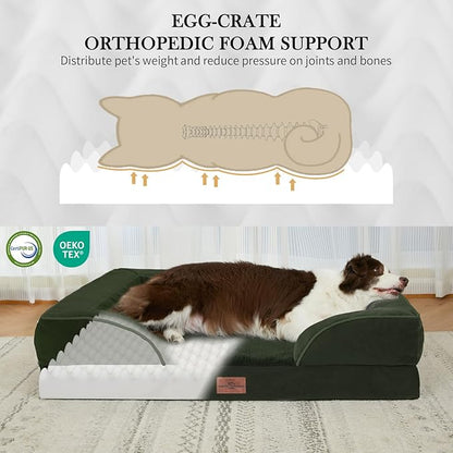 Comfort Expression Orthopedic Dog Bed for Medium Dogs 30x20 Inch, Waterproof Egg Crate Foam Medium Pet Bed with Removable Bolsters, Dog Couch with Washable Cover & Non-Slip Bottom, Olive Green