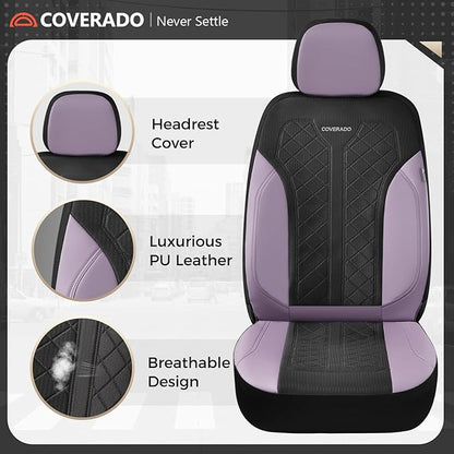 Coverado Seat Covers for Car 5 Seats, Leather Car Seat Covers Fullset, Breathable Mesh Front and Rear Protectors, Purple Luxury Automotive Covers, Universal Fit for SUV, Truck, Sedan