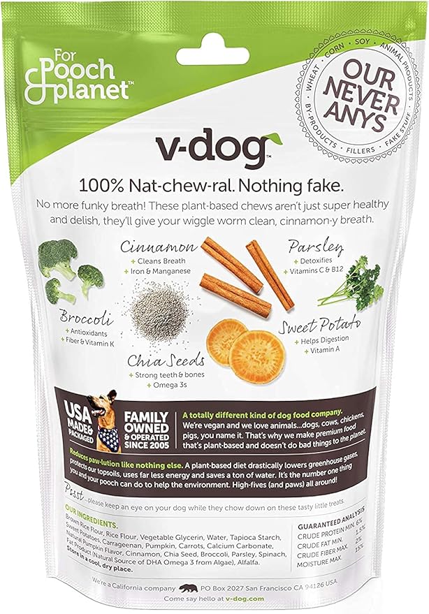 V-dog Dog Treats - Vegan Breathbone Teeth Cleaning Dental Bones - Fresh Breath - 8 Ounces - Minis - All Natural, Made in USA - 10 Bones - 3" Long - Easy to Digest (Pack of 3)