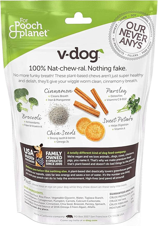 V-dog Dog Treats - Vegan Breathbone Teeth Cleaning Dental Bones - Fresh Breath - 8 Ounces - Minis - All Natural, Made in USA - 10 Bones - 3" Long - Easy to Digest (Pack of 3)