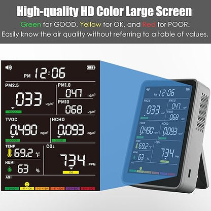 Professional Indoor Air Quality Monitor with AQI Alerts, Portable Real-Time Detector for Home, Car, Plants & Pet