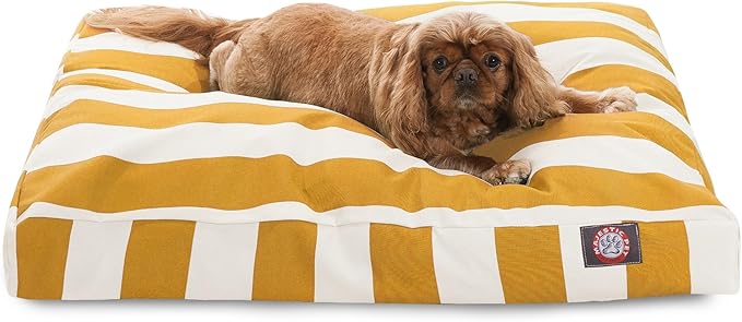 Majestic Pet Shredded Memory Foam Dog Bed Medium with Removable Washable Cover 35x29x4 Inch - Rectangle Orthopedic Dog Bed for Senior Dogs–Flat Durable Dogs Crate Bed - Vertical Stripe - Yellow
