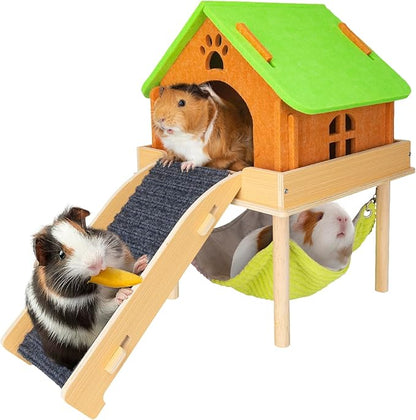 BESNEW 3 in 1 Enlarged Guinea Pig Hammock with House & Platform,Wooden Guinea Pig Hideout with Hammock & Stairs Small Animal Toys for Hiding Sleeping Activities