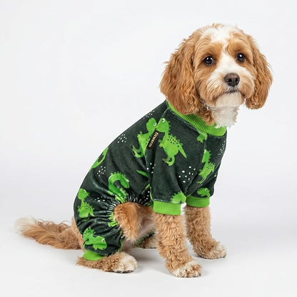 Fitwarm Dinosaur Dog Fleece Pajamas, Warm Clothes for Small Dogs Boy, Cozy Pet Onesie with Feet, Dark Green, Bright Green, XXL