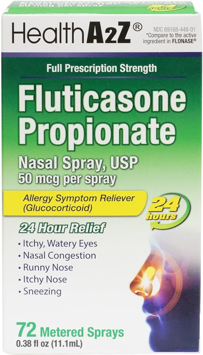 HealthA2Z® Fluticasone Propionate Nasal Spray | 50 mcg per Spray | 24 Hour Allergy Relief | 72 Sprays | 0.38 fl oz. (11.1mL) | Nasal Decongestant | Non-Drowsy | Allergy Relief Spray