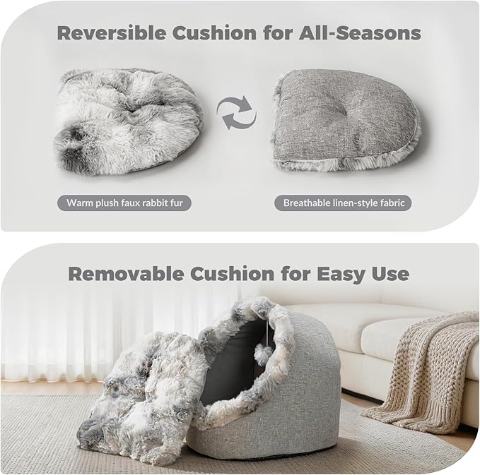Avont Cat Bed Cave for Indoor Cats, Semi-Enclosed Cat House with Anti-Slip Bottom & Removable Washable Cushion, Warm Plush Cat Tent for Medium Cats & Small Dogs -L