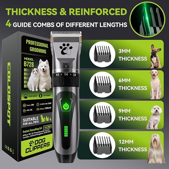 Coldspot Dog Clippers Cordless, Professional Cat Trimmer, 2-Speed Low Noise Dog Grooming Kit, Pet Trimmer for Small Large Thick Hair Dogs