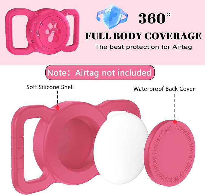 SANKALA Airtag Dog Collar Holder, 1 Pack, Rose | Silicone Full Body Covered, Anti-Lost Protective, Fits All Width Collars, for Apple AirTag(Gen 1 & 2), Signal Friendly