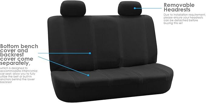 FH Group Car Seat Covers Rear Set Cloth - Car Seat Covers with Removable Headrest,Universal Fit,Automotive SeatCovers,Washable Car SeatCover for SUV,Sedan,Van Black