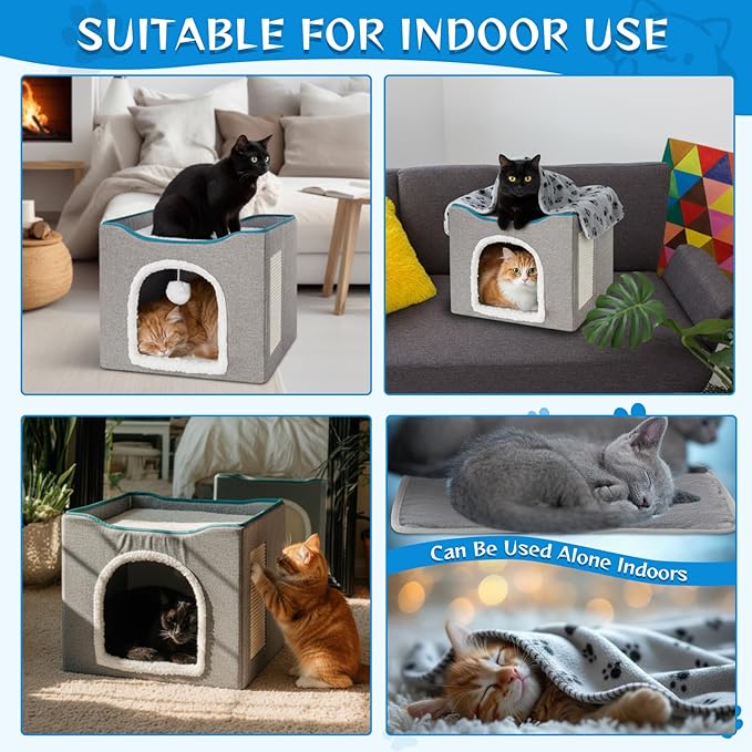 Cinnvoice Heated Cat Bed Indoor for Cats Heated Cat House with 2 Pcs Self Warming Cats Bed 1pc Blankets Self Heating Cube Shelter Cave Condo with Scratch Pad Fluffy Ball for Winter Pet Small Dog
