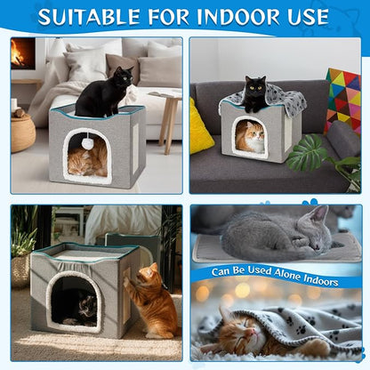 Cinnvoice Heated Cat Bed Indoor for Cats Heated Cat House with 2 Pcs Self Warming Cats Bed 1pc Blankets Self Heating Cube Shelter Cave Condo with Scratch Pad Fluffy Ball for Winter Pet Small Dog
