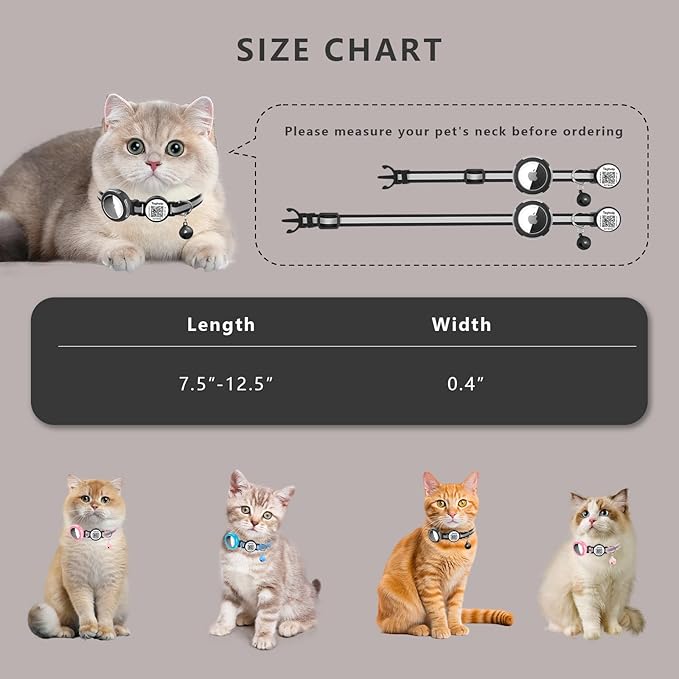 Waterproof Airtag Holder Cat Collar .Lightweight Kitten Collar for Apple Air tag. Solid &Safe,Reflective Pet Collar, Breakaway Smart ID tag, Scan QR Code for Instant Location Alerts (Black A)