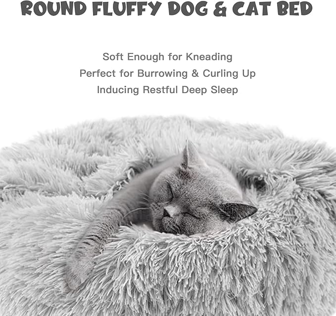 Himax Small Cat & Dog Bed with Cover, Calming Dog Bed for Small Dogs,Anti-Anxiety Donut Dog Bed with Attached Blanket,Washable Round Fluffy Pet Bed (20"/26"/35")，Light Grey