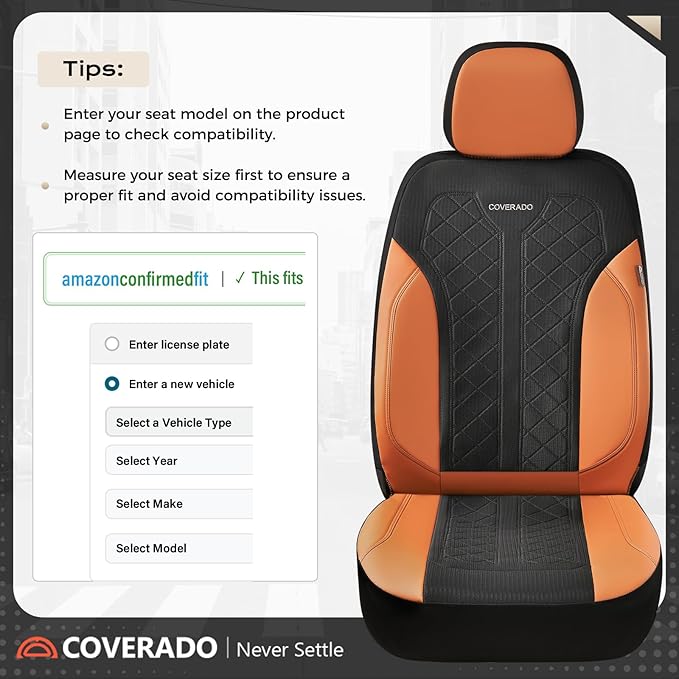 Coverado Seat Covers Full Set, Brown Car Seat Covers, PU Leather & Breathable Mesh Seat Protectors, 5-Piece Automotive Seat Covers, Universal Fit for SUVs, Trucks, Sedans