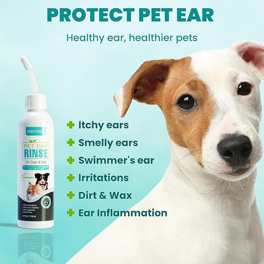 MEDUWEDU Dog Ear Cleaner, Dog Ear Care Liquid, Dog and Cat Ear Cleaner to Eliminates Ear Odour, Dirt and Debris Pet Ear Cleaner Solution,Remove Wax, Dirt & Stop Smelly, Itchy, Non-Irritating, 4 Fl oz