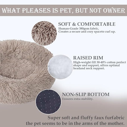 Washable Dog & Cat Bed for Ultra Large Small Medium Size Pet, Calming Donut Round Cute Warming Mat House Supply Indoor, 8 Sized Deal Necessity Essential Furniture for Boy Girl Puppy Kitten kitty