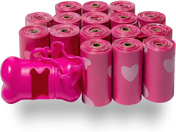 Best Pet Supplies Dog Poop Bags for Waste Refuse Cleanup, Doggy Roll Replacements for Outdoor Puppy Walking and Travel, Leak Proof and Tear Resistant, Thick Plastic - Pink Heart, 240 Bags