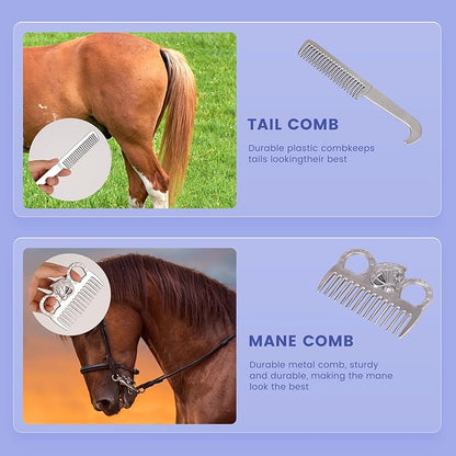 Horse Grooming Kit, Horse Brushes for Grooming 10pcs Horse Cleaning Tool Set with Tote Bag, Sweat Scraper, Curry Comb, Brush, Hoof Pick, Livestock Bathing Supplies Equine Care Supplies