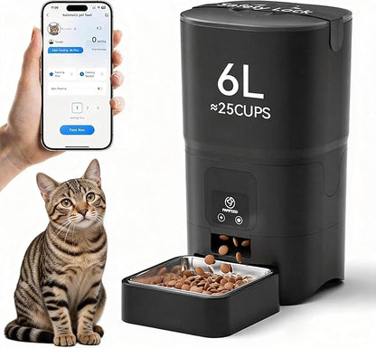 PAPIFEED Automatic Cat Feeder,Camera 1080P HD - 6L Pet Feeder, 2.4/5G WiFi Smart App Control, Bluetooth Assist Link,Wide-Angle Lens,Automatic Feeder for Small and Medium-Sized Pets (WiFi 2.4G)