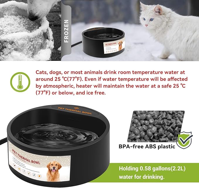 NAMSAN Heated Water Bowl for Outdoor Cats, 2.2L Heated Dog Bowl, Provides Drinkable Water in Winter, Heated Pet Drinker for Chickens Rabbits Birds Bath, Livestock Thermal Watering Trough, Black