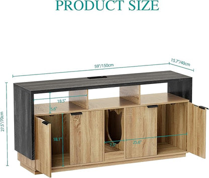 YITAHOME Double Hidden Cat Litter Box Enclosure with Power Outlet & LED Light, 60 Inch Dual Kitty Litter Box TV Stand Furniture for 2 Cats, Wooden Cat Cabinet for Indoor Cats, Grey Oak