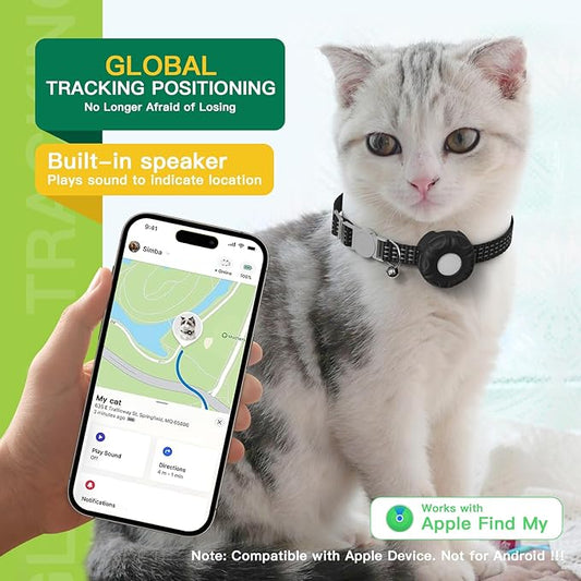 Cat Tracker Collar,No Monthly Fee Cat Tracker Works with Apple Find My App(Only iOS),GPS Tracker for Cats,Real-Time Location Pet Tracking|Safety Collar and Tracker Holder Included - Black