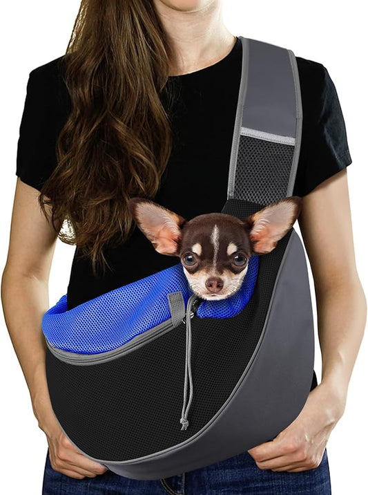 Pawaboo Dog Sling Carrier, Hand Free Breathable Mesh Bag for Puppy Cat, Drawstring Dog Papoose with Adjustable Strap and Pocket, Crossbody Satchel Dogs Purse for Outdoor Travel, M, Indigo