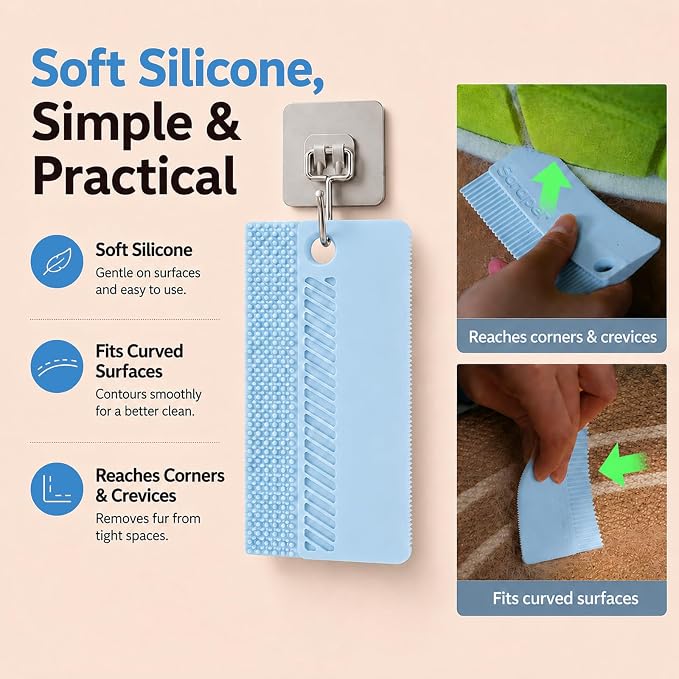2 Pack Reusable Pet Hair Remover and Fabric Lint Scraper Set, Blue | Double-sided lint remover and flexible fabric scraper for dog cat hair on clothes, sofas, bedding, rugs and car seats.