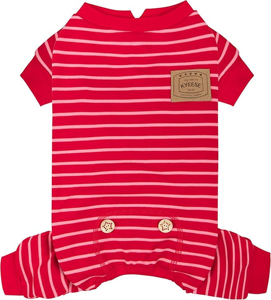 KYEESE Dog Pajamas, Soft 4 Legs Doggie Jammies, Striped Velvet Fleece Dog PJS, Pet Jumpsuit Puppy PJS, Stretchable Outfit Cozy Onesie Sleepwear Soft Pajamas, Red Striped, Small