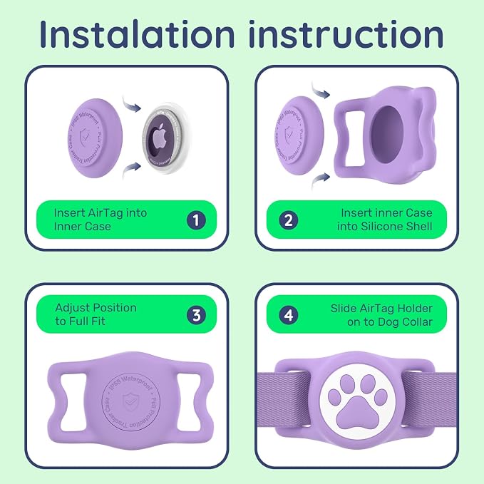 IP68 Waterproof Dog AirTag Holder for Dog Collar, Soft, Stretchy Silicone | Full-Body Protection, Easy Tool-Free Installation, Quiet, No-Dangle Fit, Lightweight, Fits Dog & Cat Collars of All Widths