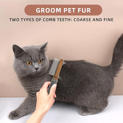 2-in-1 Dog Dematting&Deshedding Comb with Wooden Handle Double-Sided Fine&Wide Tooth Dematting Comb Pet Flea Comb for Dogs and Cats Gentle Remove Loose Hair Tangles Dirt Fleas