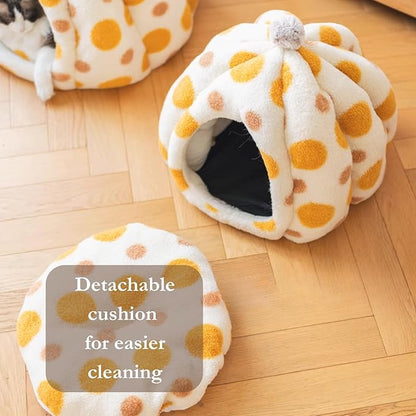 Cat Polka Dot Yurt Bed, Plush Warm Semi-Enclosed Cave Hideaway, Soft Comfy House for Indoor Kitten (Orange,Large)