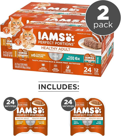 IAMS Perfect Portions Healthy Adult Wet Cat Food Pate,Chicken and Tuna Recipe Variety Pack,Easy Peel -Pack Trays (,24 Servings),12 Count (Pack of 4)