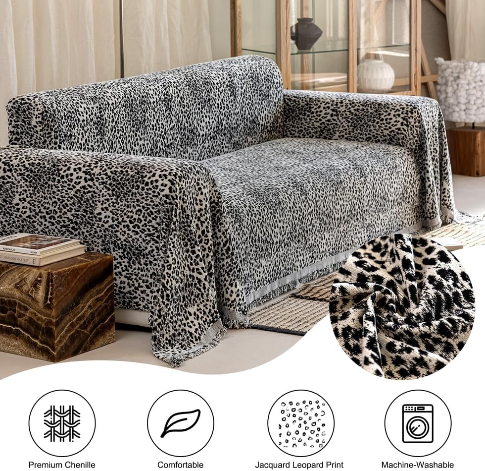 AMWAN Luxury Leopard Print Cover Black Durable Sofa Cover for Dogs,Cats,Kids Jacquard Chenille Sofa Slipcover for Sectional,L Shaped Sofa Pets Protector Furniture Cover, 1 Piece,71x134