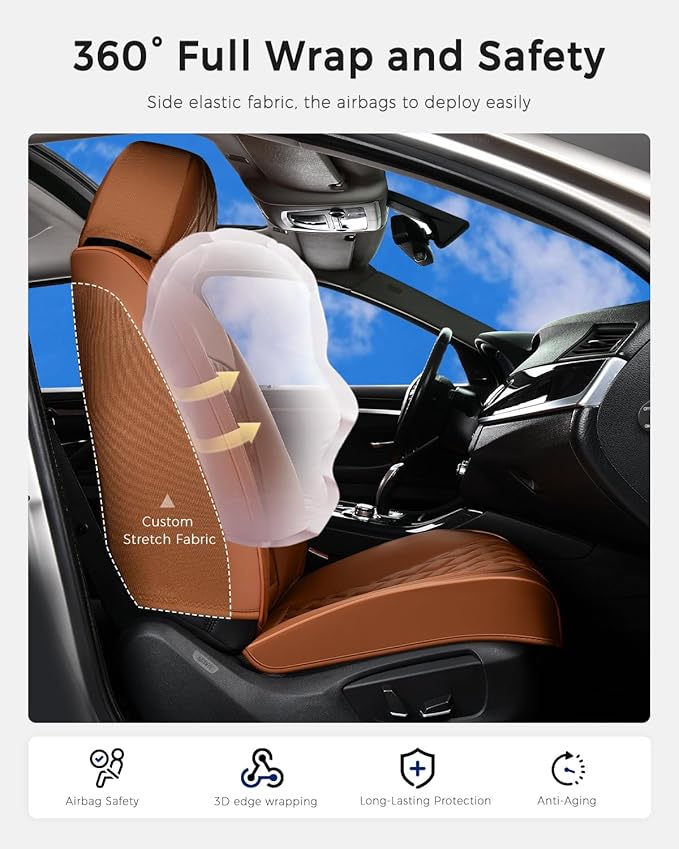Huidasource Brown Seat Covers, Nappa Leather Car Seat Covers, Velcro Adjustable, Compatible with Airbags, Armrests, Child Seat, Seat Belts, Fit for Most Cars, Vans, Trucks, SUVs (Full Set/Brown)
