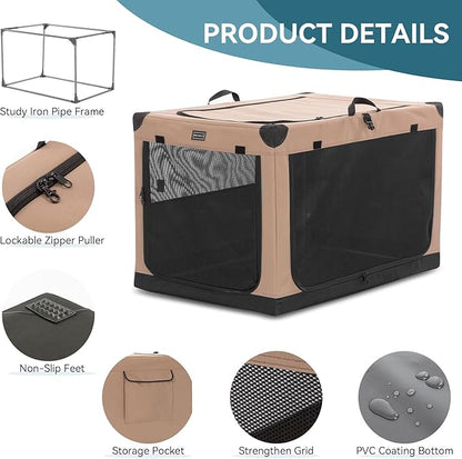 PETSFIT 26" Soft Portable Dog Crate – Patented Spiral Sturdy Frame, Collapsible Travel Kennel for Small Dogs, 3 Mesh Door, Lockable Zippers, Indoor & Car Use Khaki