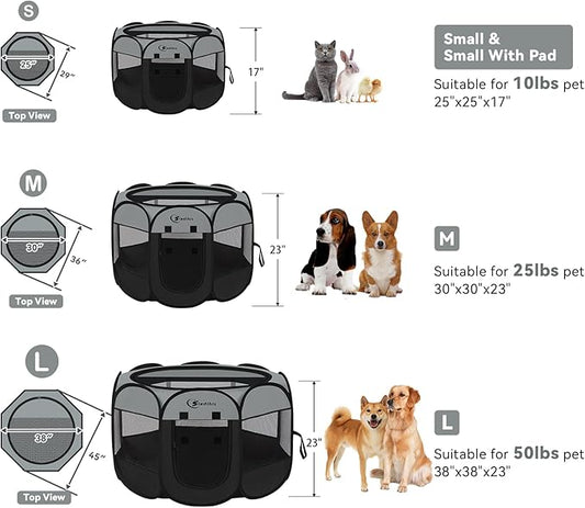 Siedihit Dog Cat Playpen with Washable Pee Pad, Puppy Pet Playpen Indoor for Small Dog Crate Tent Cage Outdoor, Portable Pop Up Dogs Enclosure Kennel with Carrying Case,Dark Grey