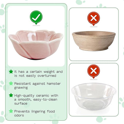 BNOSDM 2 Pcs Hamster Ceramic Food Bowl Flower Series Gerbil Drinking Bowls Anti-Turning Food & Water Dish for Dwarf Syrian Hamsters Gerbil (Pink, Rose Pattern, 3.74“ x3.74“ x1.77“)