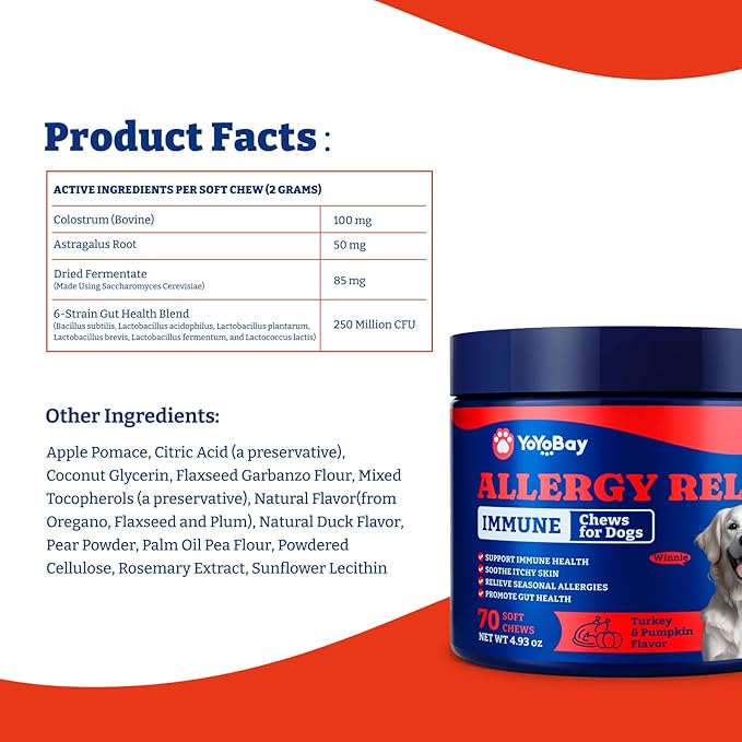 Dog Allergy Relief Chews – 70 Soft Chews, Turkey & Pumpkin Flavor - Immune Support & Itch Relief with Colostrum, Astragalus Root, 6-Strain Gut Health Blend