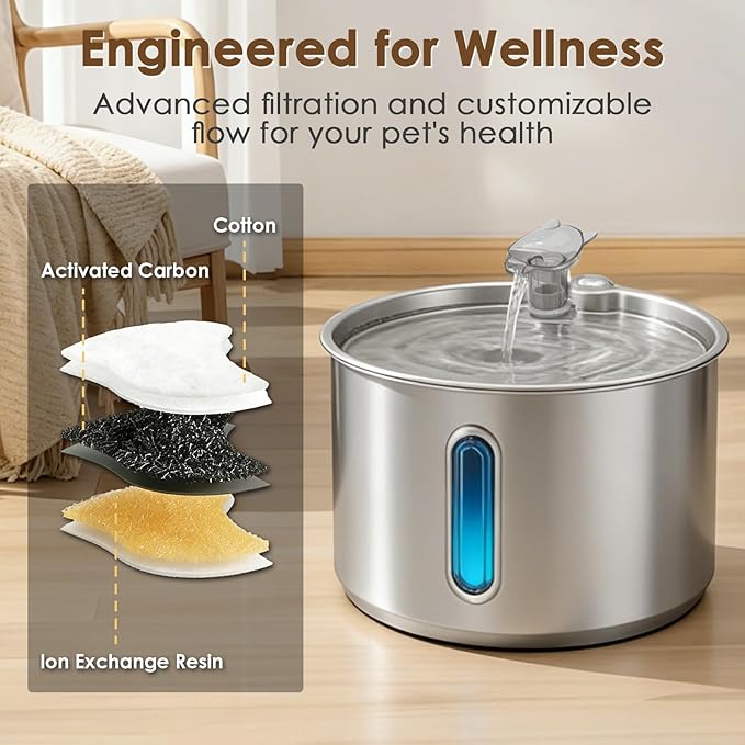 Stainless Steel Cat Water Fountain, 74oz/2.2L Automatic Pet Water Dispenser with 3 Replacement Filters & 2 Replacement Water Outlets, Quiet Indoor Drinking Fountain for Cats Dogs, Water Level Window