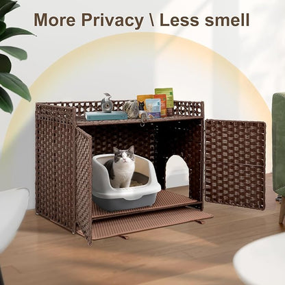 Hidden Cat Litter Box Furniture Enclosure – Handwoven Rattan Pet House with Removable Mat, Large Indoor Cat Litter Box with Elevated Metal Feet (30.3x18.2x24.5in), Modern Design for Living Room,Brown