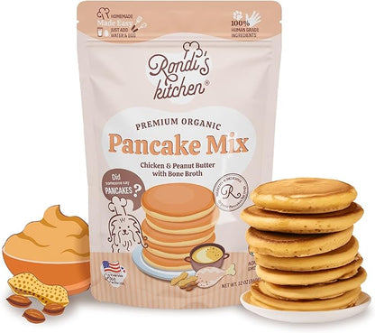 Rondi's Kitchen Organic Dog Pancake Mix - Natural Healthy Treat for All Dogs - Superfood Snack Made with Human-Grade Ingredients - Makes About 38 Pancakes - Chicken & Peanut Butter with Bone Broth