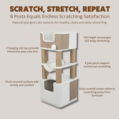 TRIXIE Lucano XXL Cat Tree, 43.3 -in Cat Tower with 8 Jute Scratching Posts, Hammock & Plush & Sisal Covered Condo, Sturdy Base, Interactive Pom-Poms, Indoor Furniture for Climbing & Relaxation, Brown