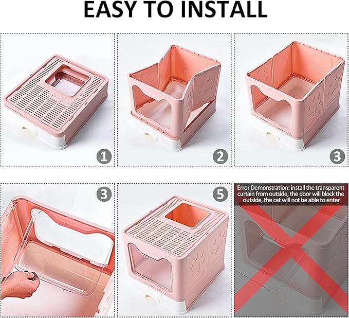 Panghuhu88 Foldable Litter Box With Lid, Large Top Entry Cat Toilet, Enclosed Potty Include Litter Scoop, Drawer Type Easy Clean Pan (Pink, 20" L x 16" W x 15" H)